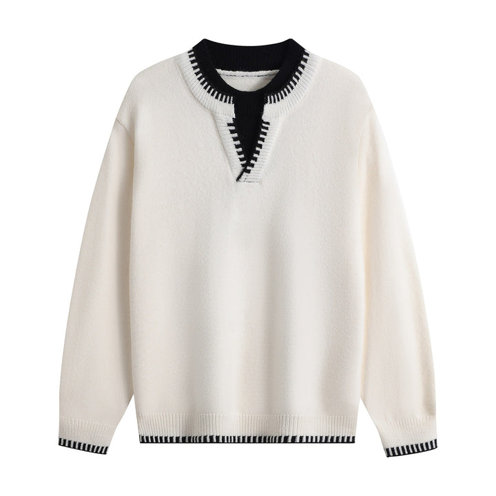 Unisex Oversize-Feinstrickpullover mit V-Notch & kontrastiertem Rippenkragen Drune