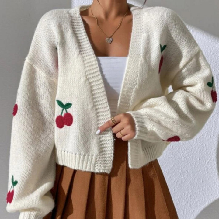 Damen Strickjacke mit floralem Kirschmuster Drune