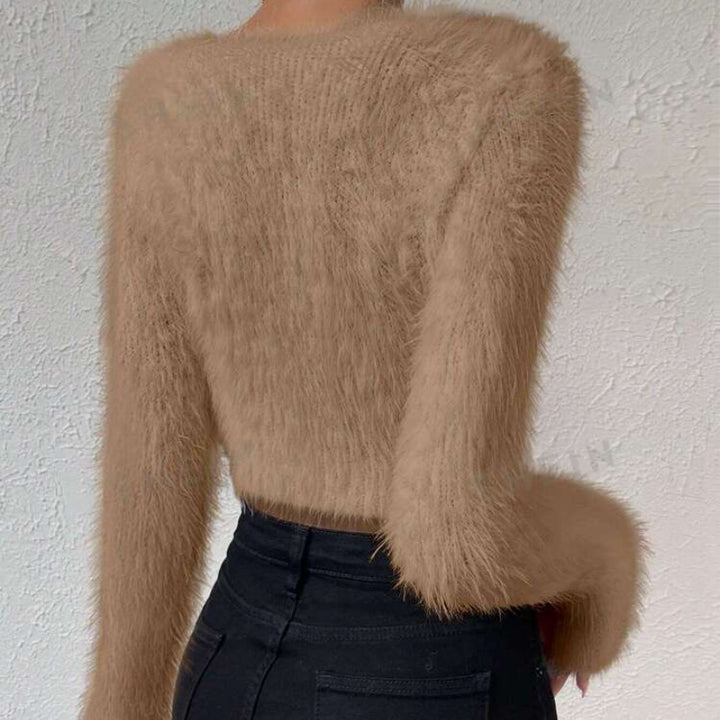 Damen Flauschiger Crop-Pullover mit V-Ausschnitt und Eyelash-Struktur Drune