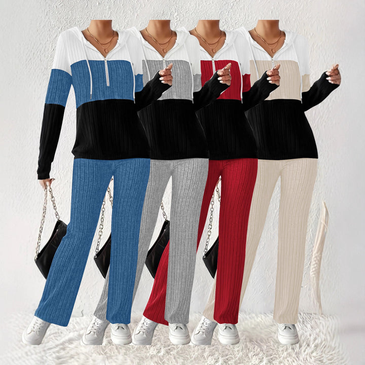 Damen Geripptes Lounge-Set mit Kapuzen-Halfzip und weitem Palazzo-Strickhose Drune