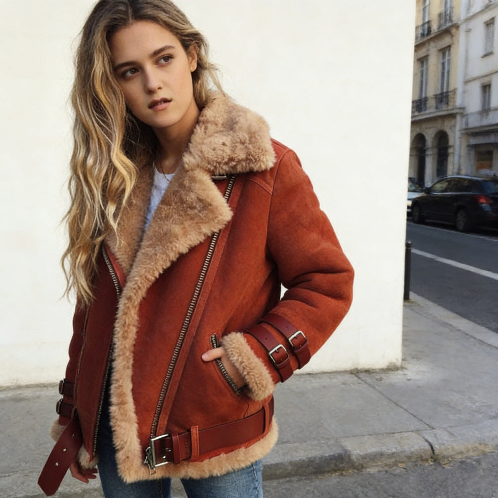 Damen nan flauschige Bikerjacke mit Teddyfutter und Schnallenbesatz Drune