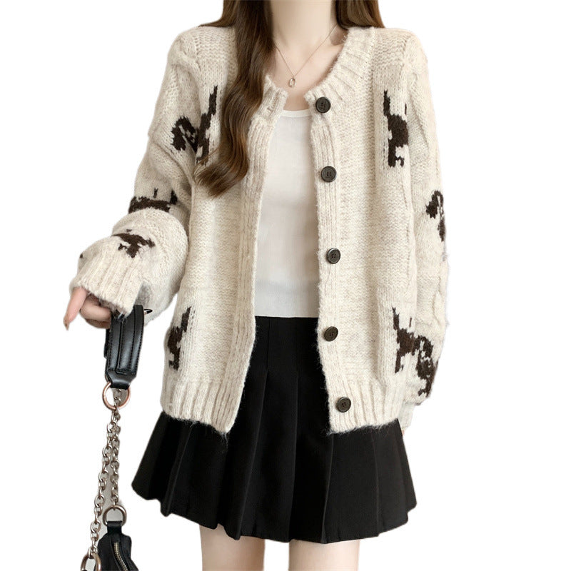 Damen Gemusterter Strickcardigan mit tierischem Motiv und bequemen Oversized-Schnitten Drune