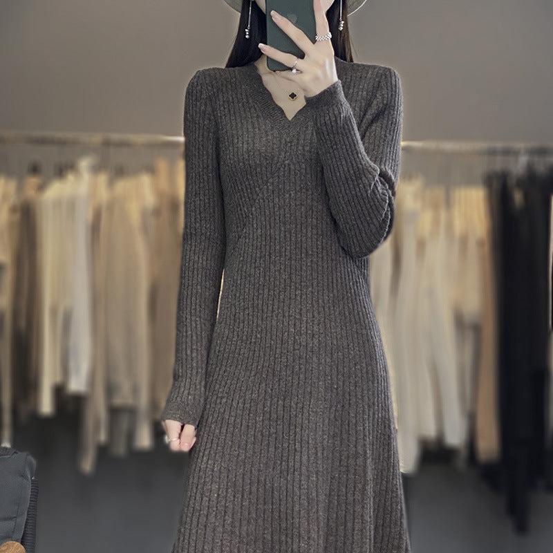 Damen Langes geripptes Strickmidikleid mit taillierter Silhouette und A‑Linien-Rock Drune