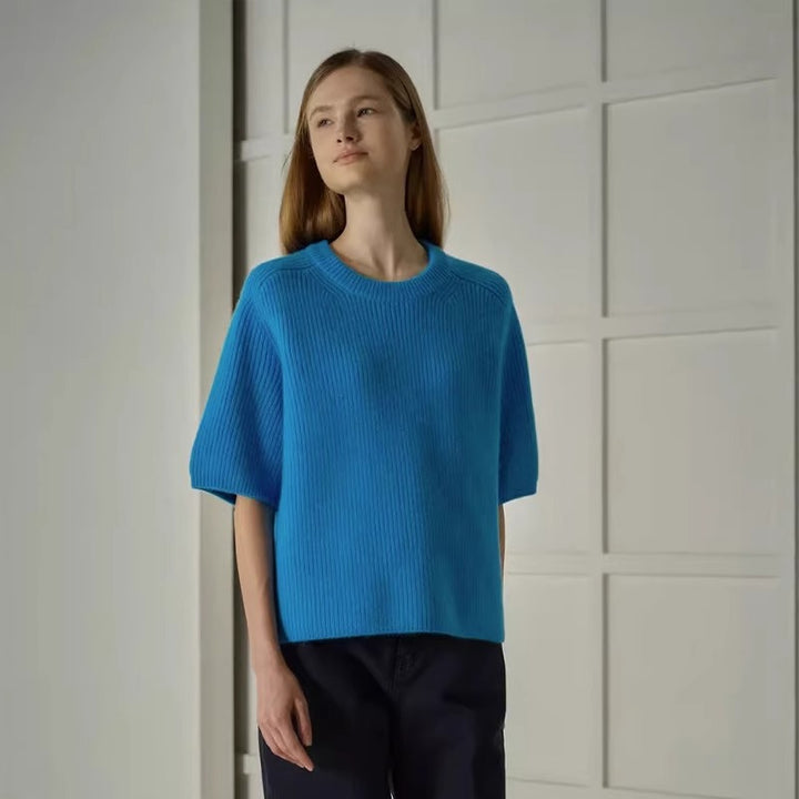 Damen modischer Strickpullover mit kurzen Ärmeln und weichem Material Drune