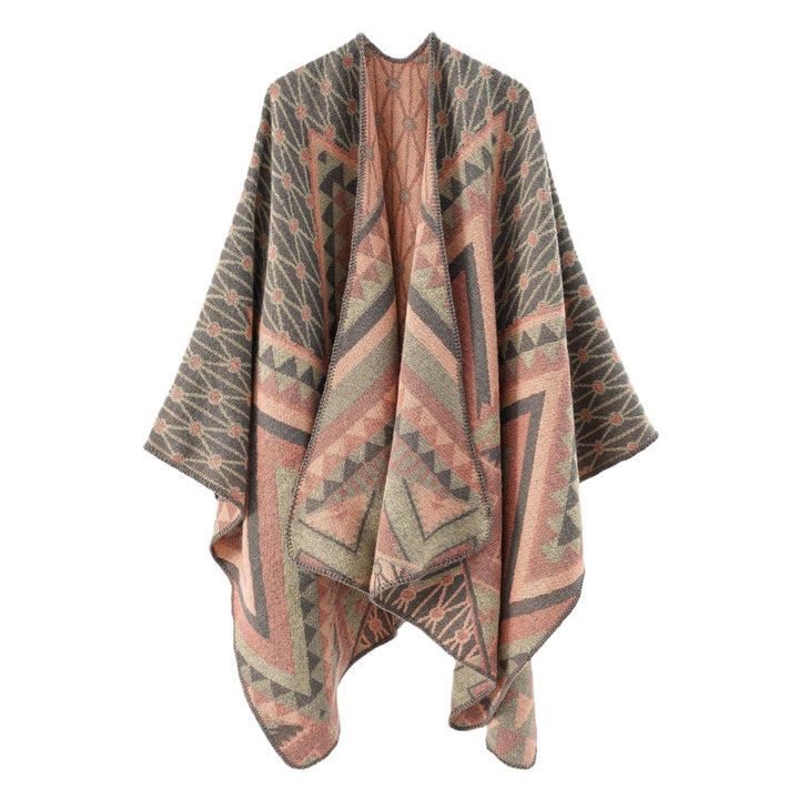 Damen Strukturiertes Jacquard-Poncho-Überwurf mit grafischem Ethno-Muster und offenem Kimono-Fall Drune