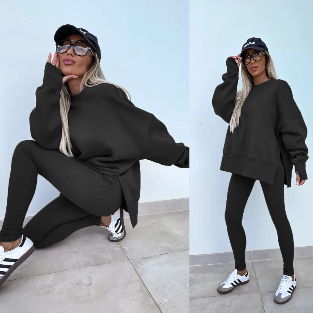 Damen komfortables Oversize-Lounge-Set mit langem Sweatshirt, gerippten High-Waist-Leggings und verlängerten Bündchen Drune