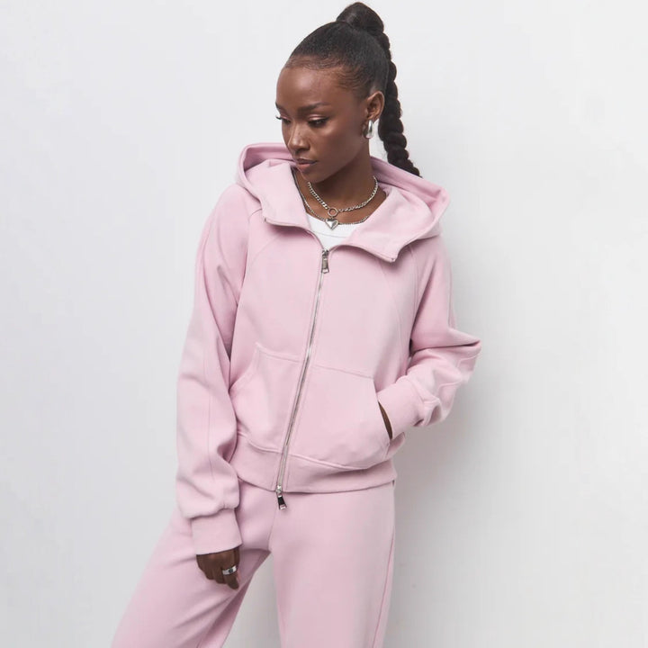 Damen entspanntes Fleece-Zweiteiler Set mit Raglan-Kapuzenjacke, durchgehendem Reißverschluss und gerader Relax-Jogginghose Drune