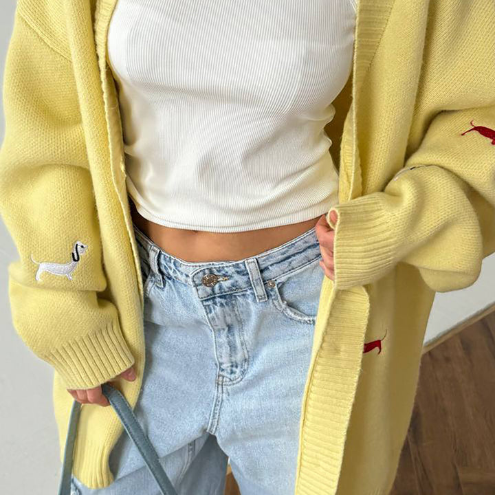 Damen Oversized Strickcardigan mit gestickten Dackelmotiven Drune