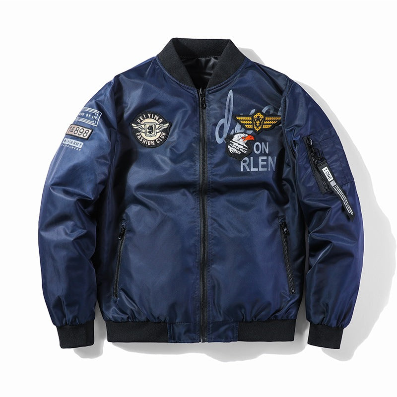 Herren Modische Bomberjacke mit Kunstleder und Stickereien Drune