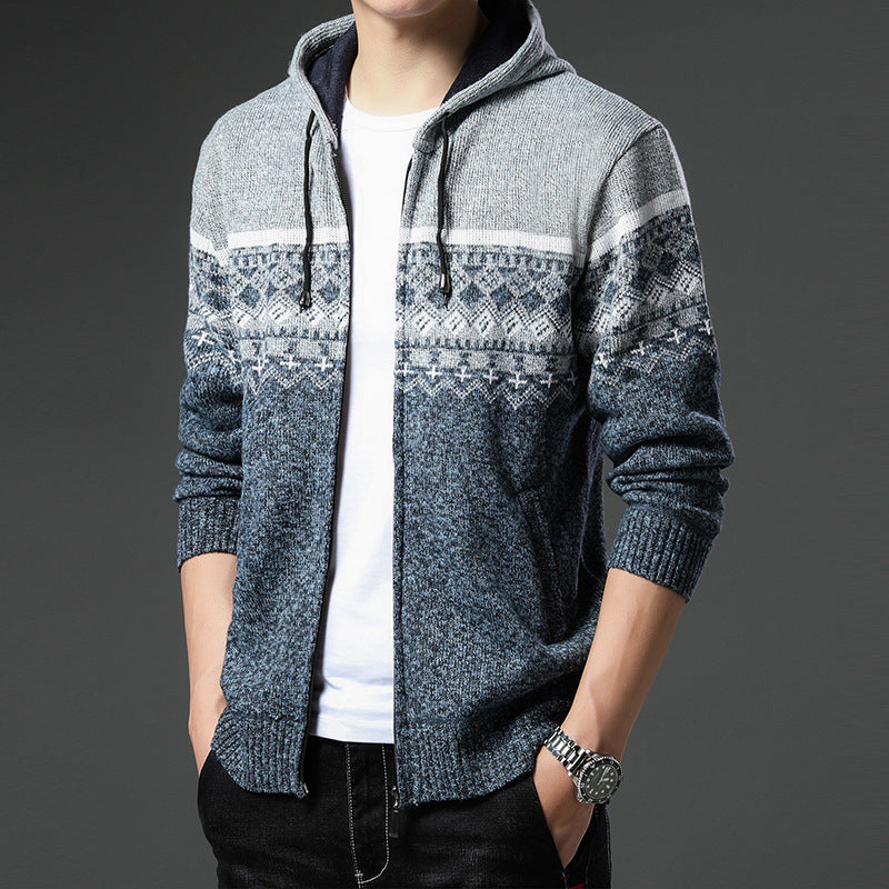 Herren Strick-Zip-Hoodie mit Norwegermuster, Kapuze und Eingrifftaschen Drune