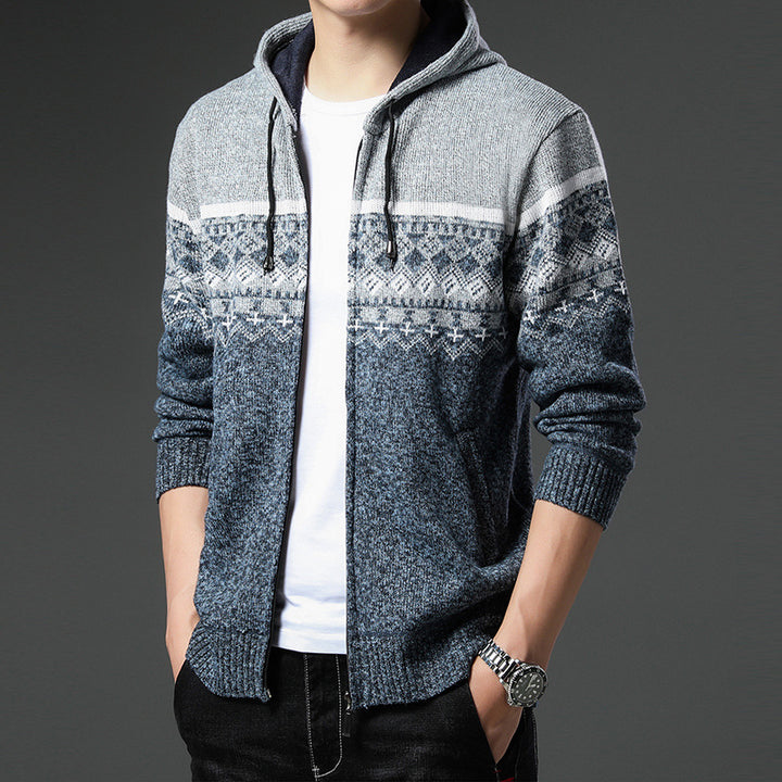 Herren Strick-Zip-Hoodie mit Norwegermuster, Kapuze und Eingrifftaschen Drune