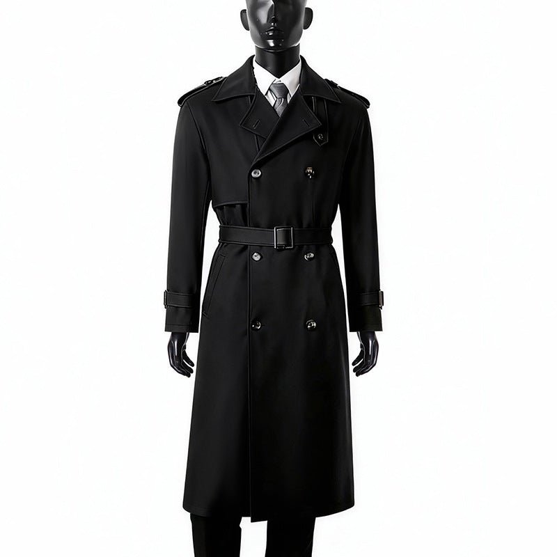 Herren Zeitloser Doppelreihiger Trenchcoat mit Taillengürtel, Schulterklappen und Manschettenriemen Drune