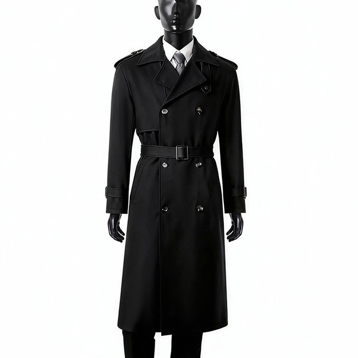 Herren Zeitloser Doppelreihiger Trenchcoat mit Taillengürtel, Schulterklappen und Manschettenriemen Drune