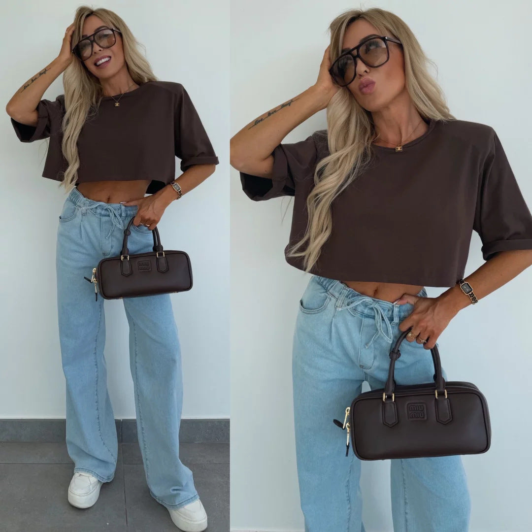 Damen lässiges cropped T-Shirt mit weit geschnittenen Ärmeln und hochwertigem Material Drune