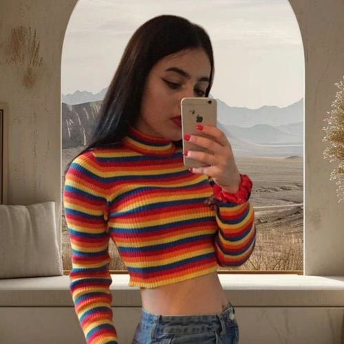 Damen Stylishes Crop-Top mit Rollkragen und buntem Streifenmuster Drune
