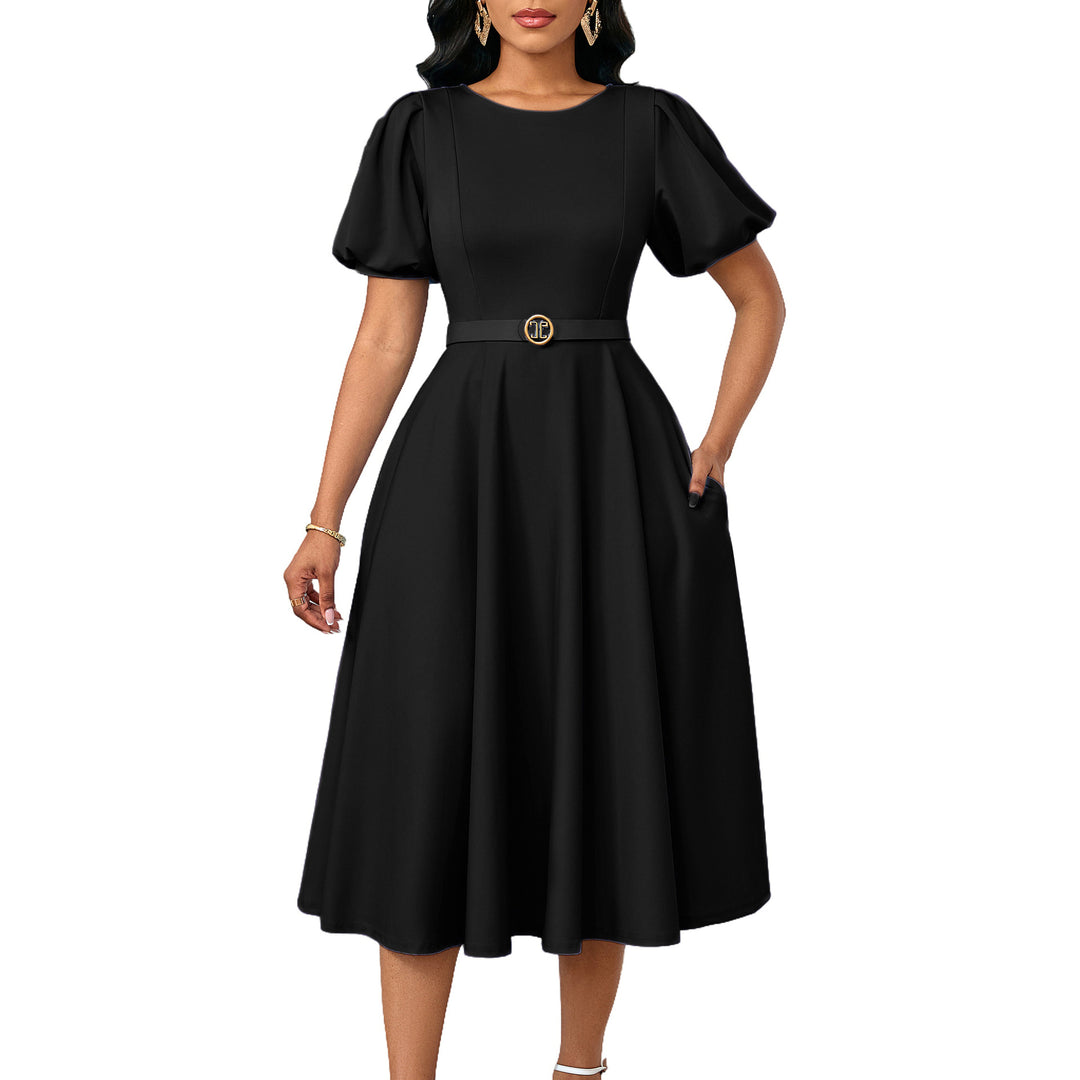 Damen Midi-Kleid mit Puffärmeln und tailliertem Gürtel Drune