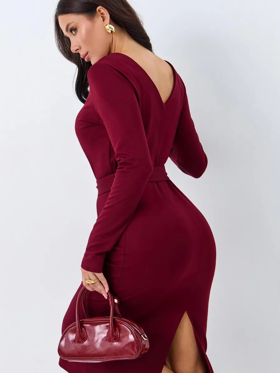 Drune | Rundhalsausschnitt Langarm Knoten Taille Pullover Kleid