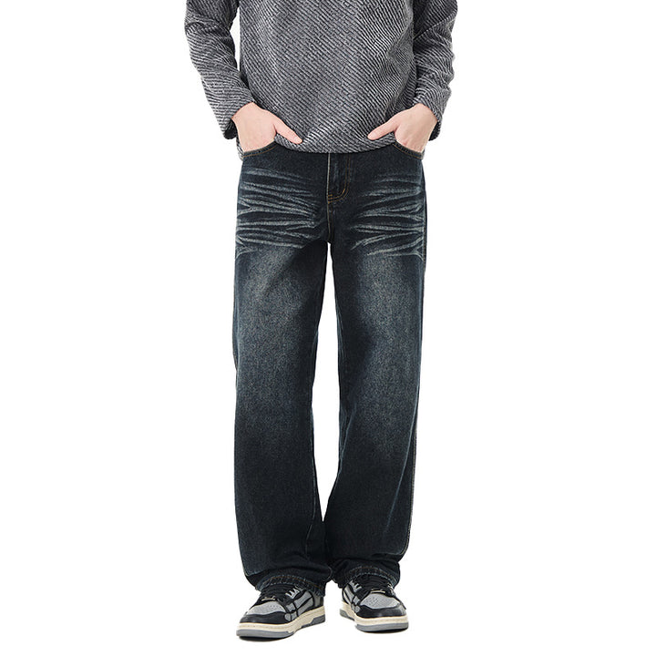 Herren Weite Vintage-Denim-Jeans mit Falteneffekt und tiefer Leibhöhe Drune