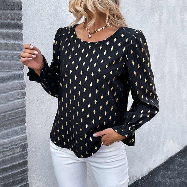 Damen Satinbluse mit Rautendruck, U-Boot-Ausschnitt und gerafften Manschetten Drune