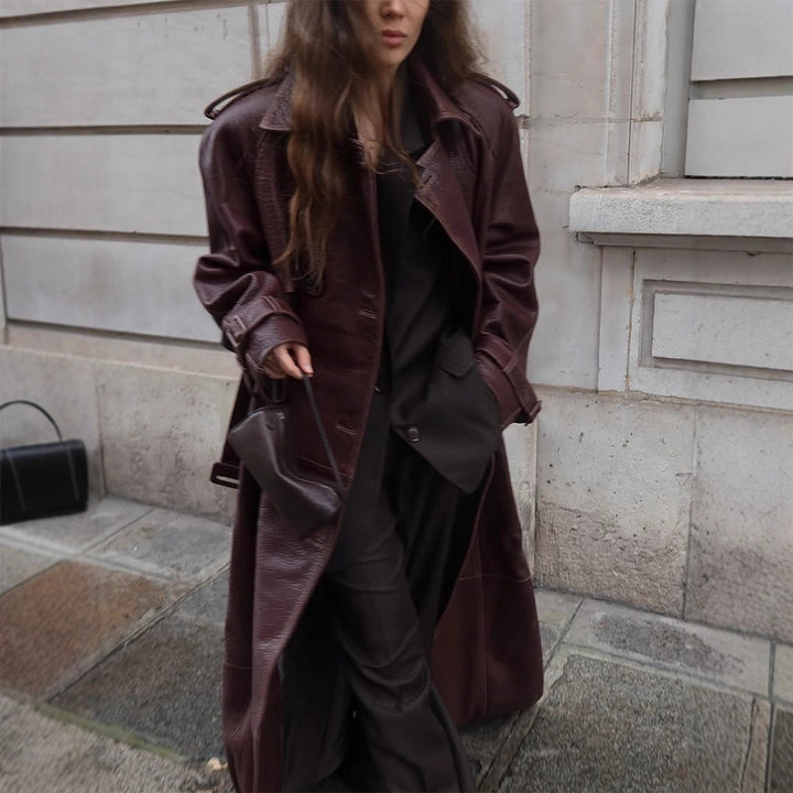 Damen Langer Trenchcoat aus Lederimitat mit Oversize-Schultern und taillierter Silhouette Drune