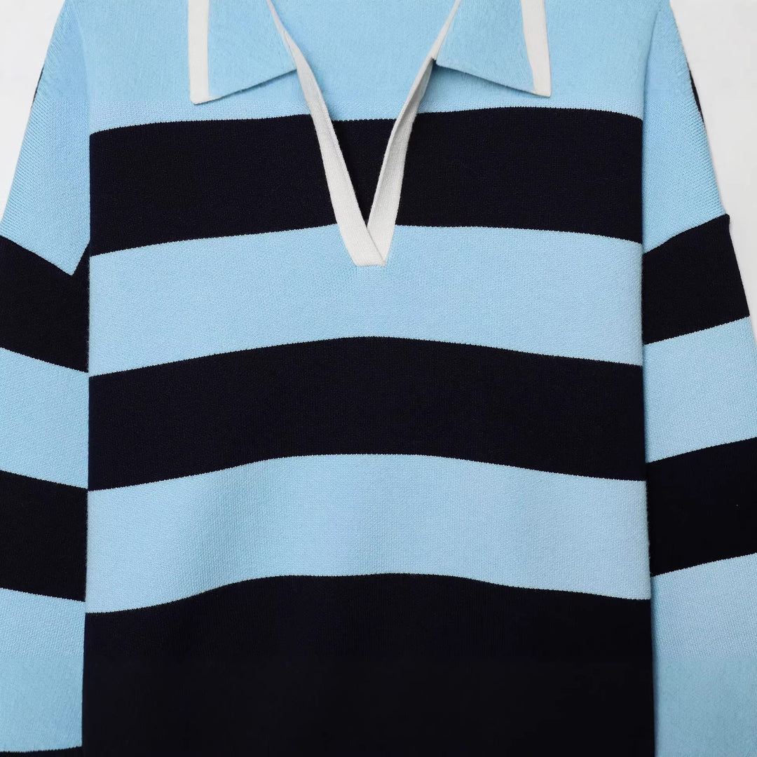 Damen Gestreifter Rugby-Pullover mit Polokragen und V-Ausschnitt Drune