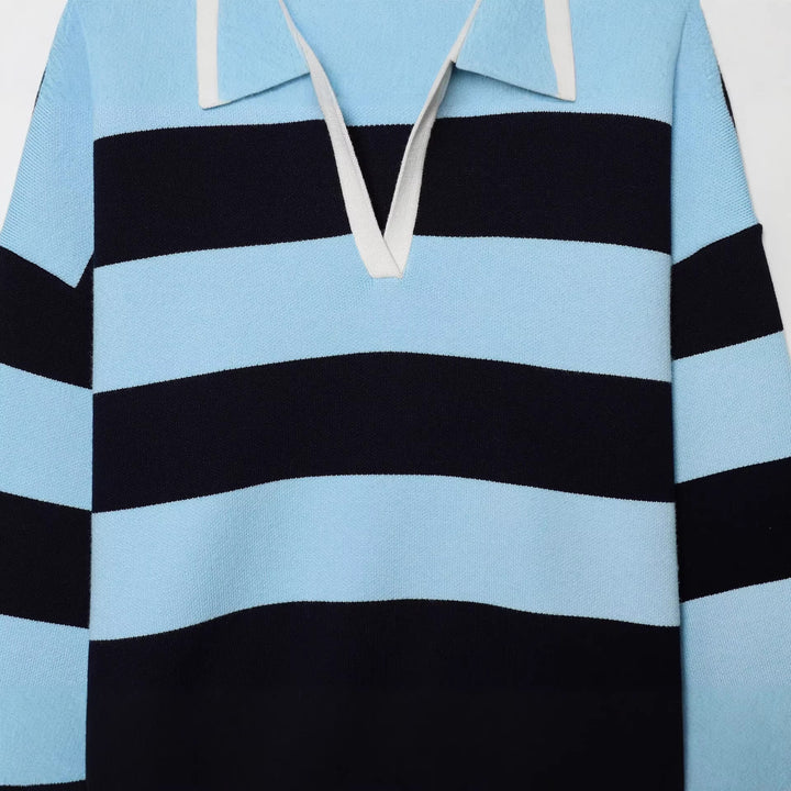 Damen Gestreifter Rugby-Pullover mit Polokragen und V-Ausschnitt Drune