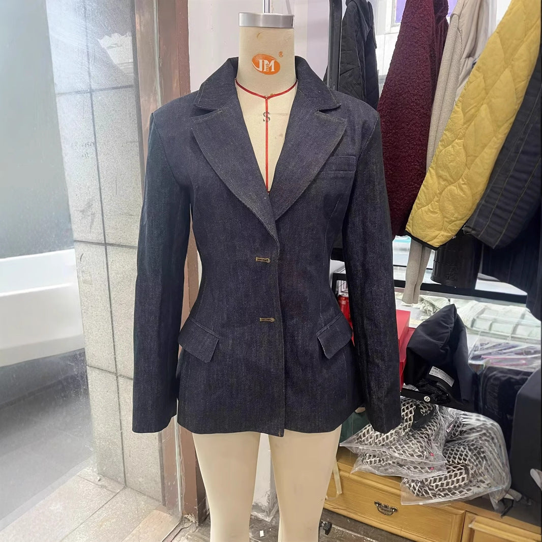 Damen nan taillierter Denim-Blazer mit schmaler Silhouette, Wiener Nähten und Pattentaschen Drune