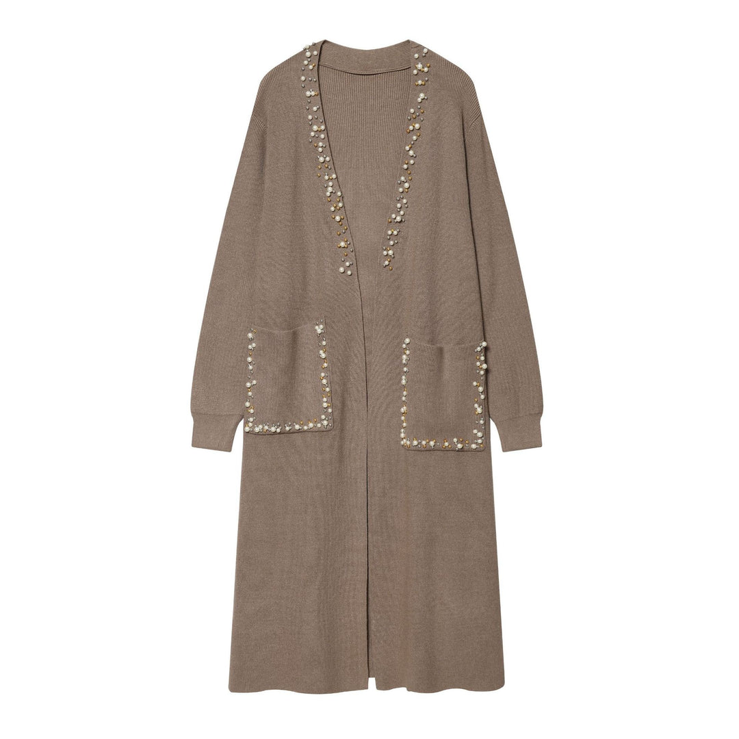 Damen lange offene Strickjacke mit Perlenbesatz und aufgesetzten Taschen Drune
