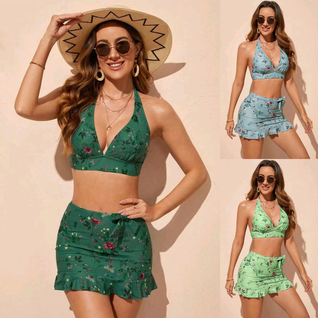 Damen Floral Print Bikini-Set mit Wickelröckchen Drune