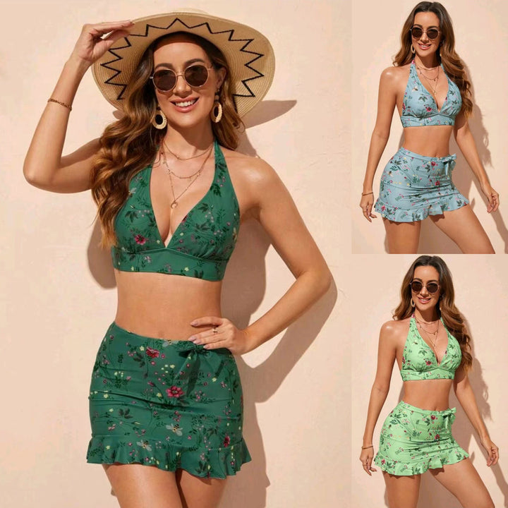 Damen Floral Print Bikini-Set mit Wickelröckchen Drune