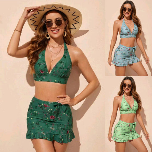 Damen Floral Print Bikini-Set mit Wickelröckchen Drune