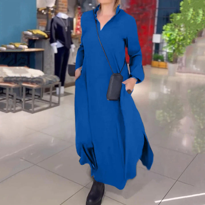 Damen nan fließendes Maxikleid mit V-Ausschnitt, kastiger A-Linie und langen Ärmeln Drune