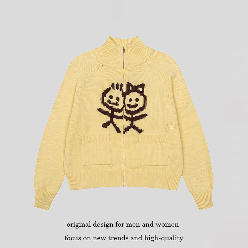 Damen Grobstrick-Zipcardigan mit Stehkragen, aufgesetzten Taschen und Cartoon-Intarsie Drune