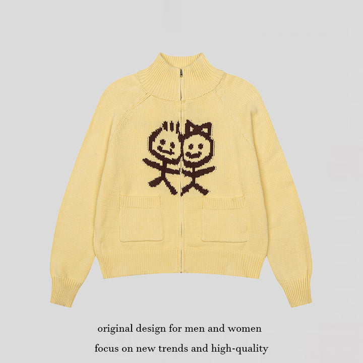 Damen Grobstrick-Zipcardigan mit Stehkragen, aufgesetzten Taschen und Cartoon-Intarsie Drune