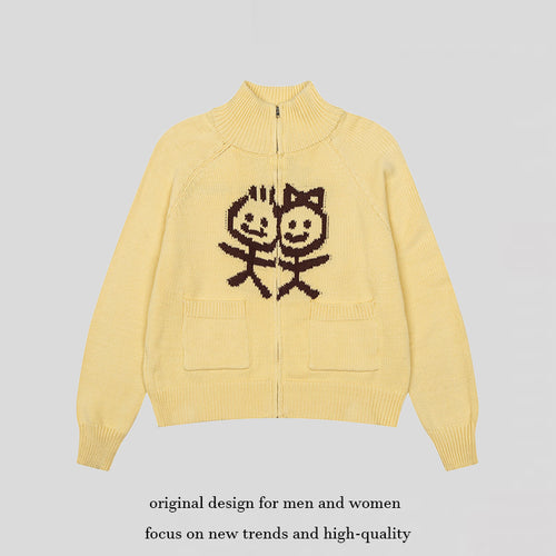 Damen Grobstrick-Zipcardigan mit Stehkragen, aufgesetzten Taschen und Cartoon-Intarsie Drune