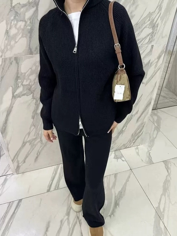 Damen Elegante Strickjacke mit Reißverschluss und passender Hose Drune