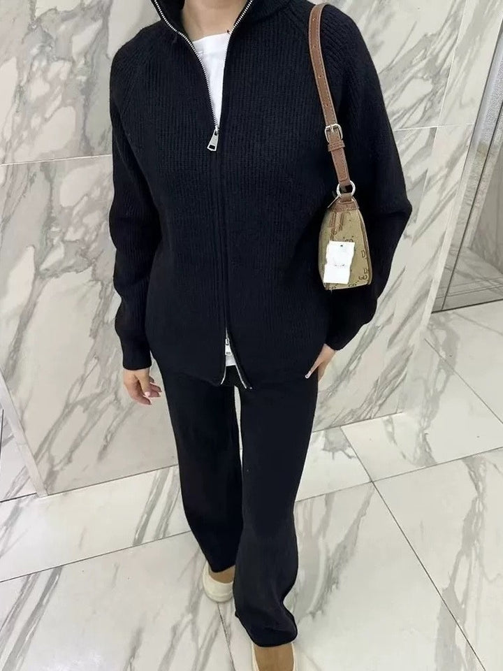 Damen Elegante Strickjacke mit Reißverschluss und passender Hose Drune
