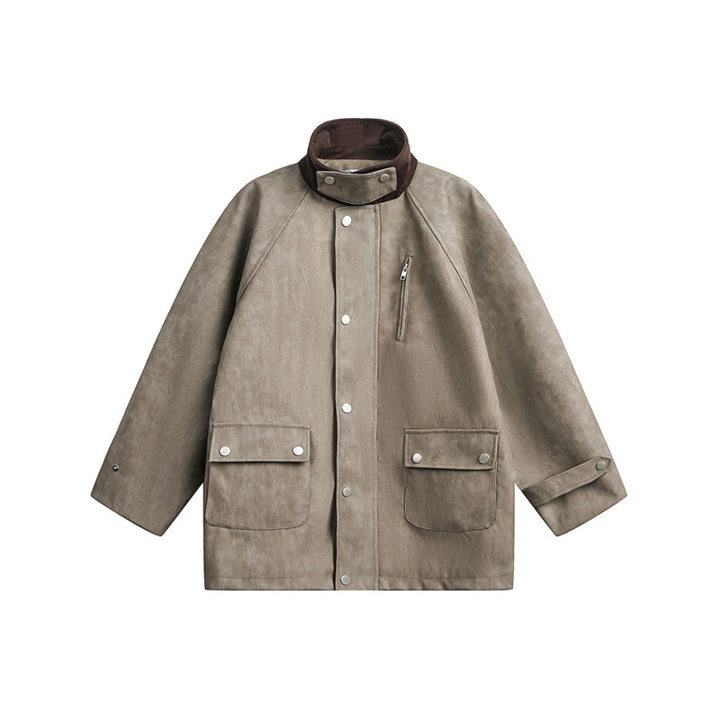 Unisex Kurz geschnittene Boxy Velours-Utility-Jacke mit Stehkragen und Pattentaschen Drune