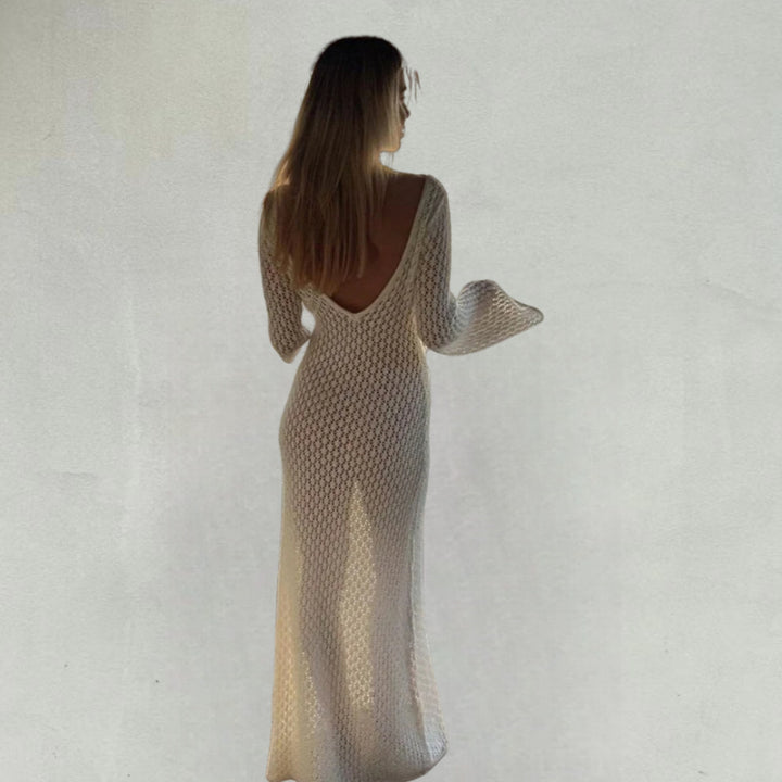 Damen Strick-Maxikleid mit tiefem V-Ausschnitt und modischen Rüschendetails Drune