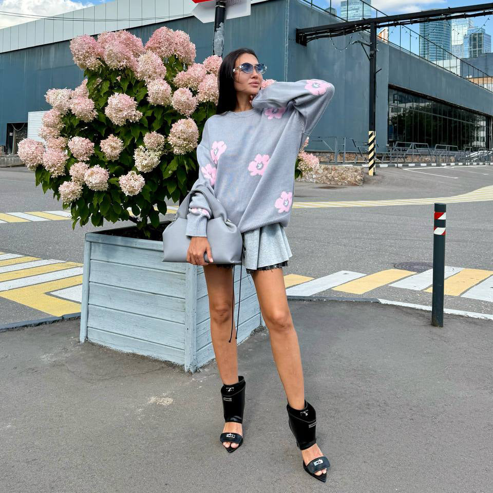 Damen Strickpullover mit floralem Muster und lässigem Schnitt Drune