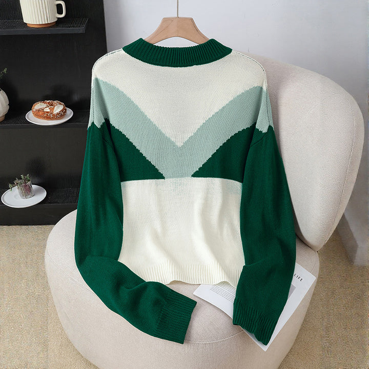 Damen Modischer Strickpullover mit Knopfleiste und Farbblockdesign Drune