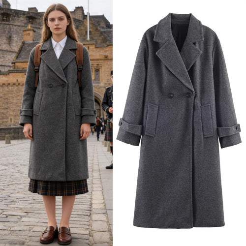 Damen Oversize Wollmix-Mantel mit Doppelreiher, breitem Revers und Ärmelriegel Drune