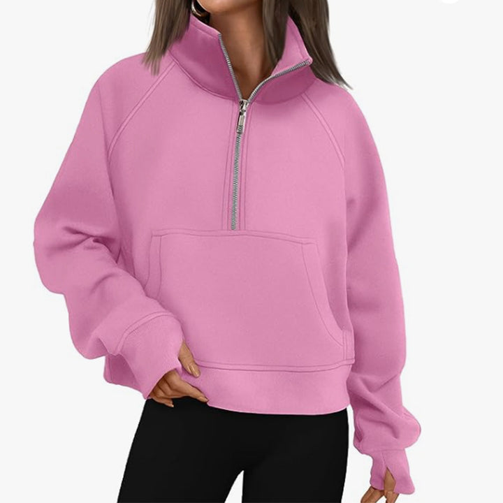 Damen nan oversized Halbzip Pullover mit Kängurutasche, Daumenlöchern und hohem Kragen Drune