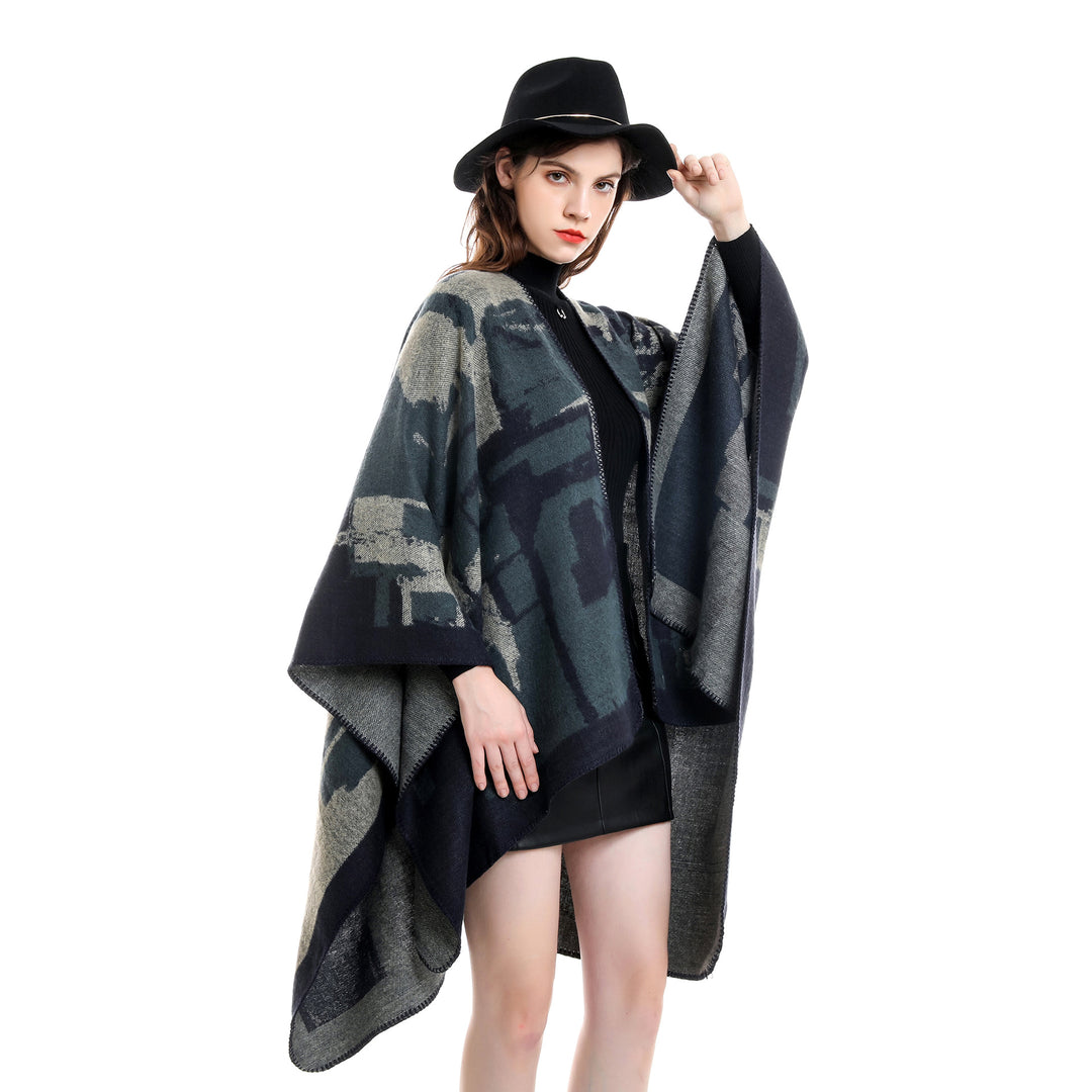 Damen Oversize-Umhangruana aus Wollmix mit abstraktem Jacquard und Zierstichkante Drune