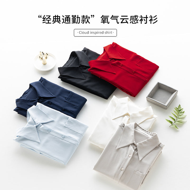 Damen seidenähnliche Oversize-Bluse mit spitzem Hemdkragen und Brusttasche Drune