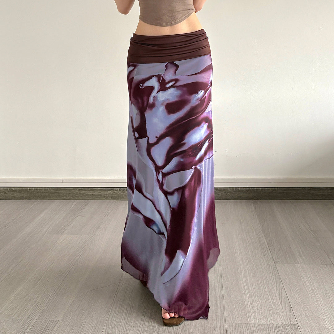 Damen Asymmetrischer Lagen-Chiffon-Maxirock mit Umschlagbund und Aquarellprint Drune