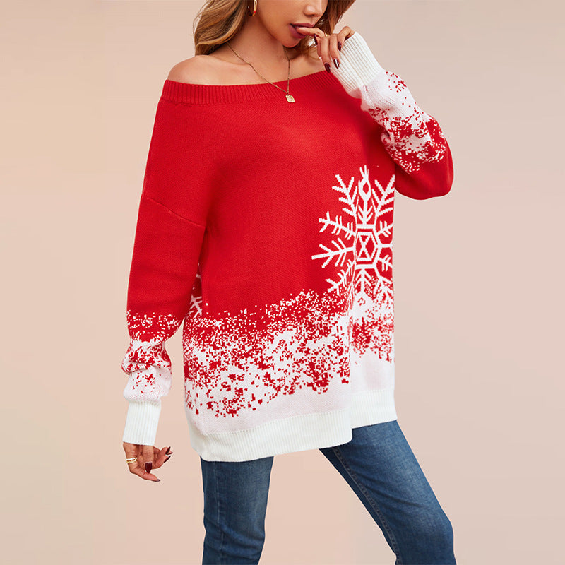 Damen festlicher Weihnachts-Pullover mit elegantem Schneeflocken-Motiv und Off-Shoulder Design Drune