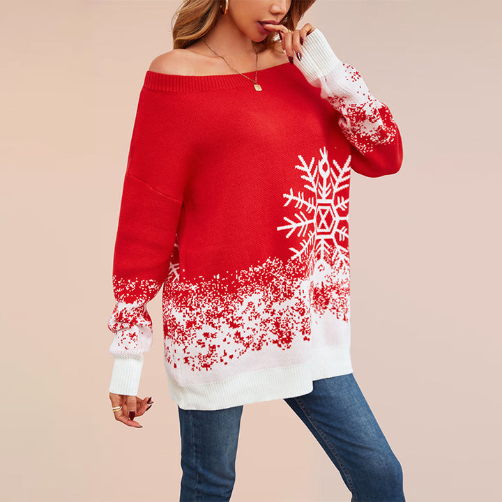 Damen festlicher Weihnachts-Pullover mit elegantem Schneeflocken-Motiv und Off-Shoulder Design Drune