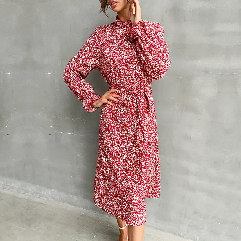 Damen Midikleid mit Stehkragen, Taillengürtel und Volantärmeln Drune