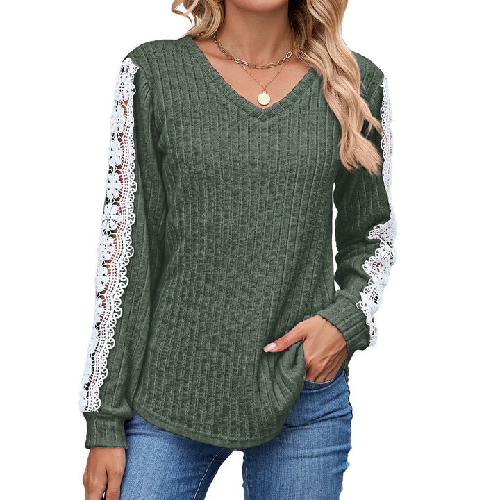 Damen Relaxed Fit V-Ausschnitt Pullover mit Spitzenakzenten Drune